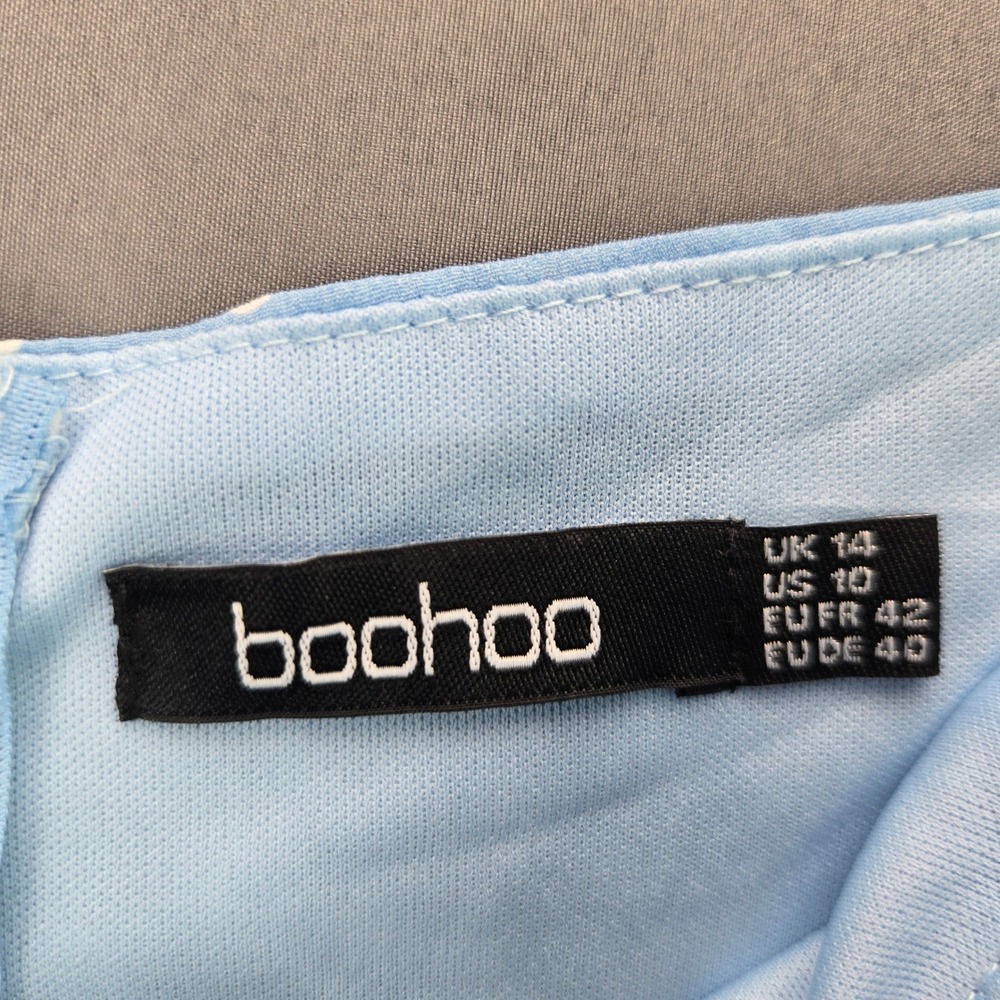 Boohoo Polka Dot Mini Dress Puff Sleeve Ruffle Hem Size 10 Blue White Vintage - Picture 5 of 7